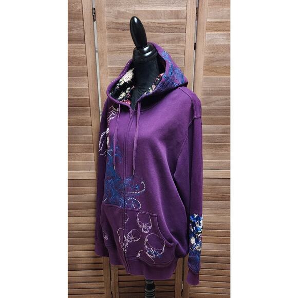 Ruthless Art 2X Beaded, Embroidered Purple Full Zip Floral Skull Hooded Sweater - Picture 4 of 7